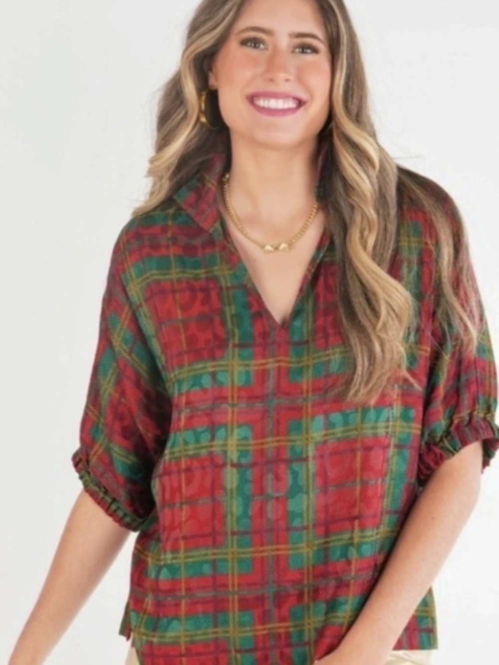 Emily McCarthy Plaid V-Neck Blouse in Red & Green Size XS Like New